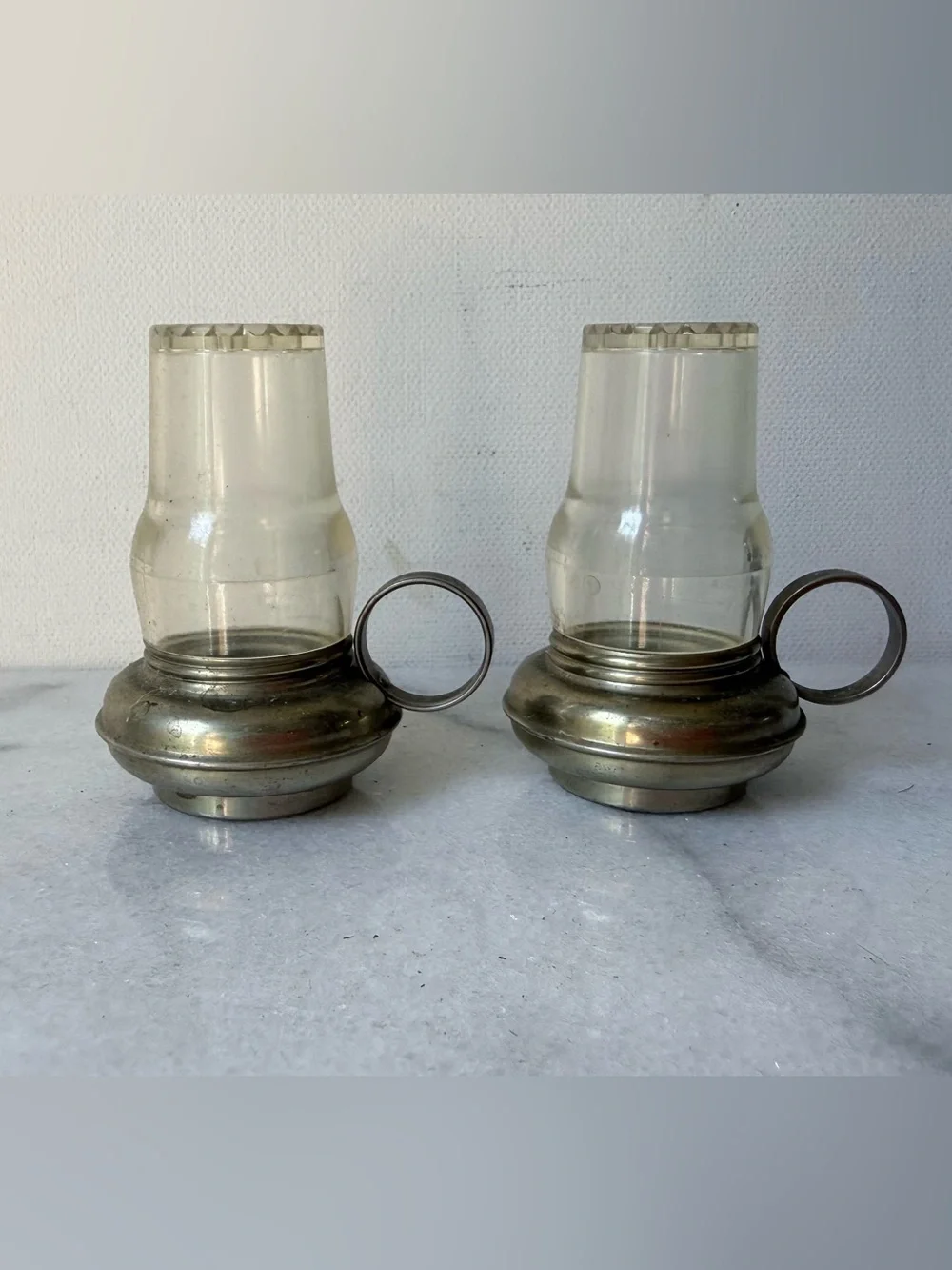 vintage hurricane oil lamp salt and pepper shakers feature metal bases